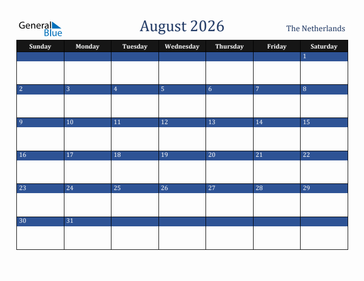 August 2026 The Netherlands Calendar (Sunday Start)