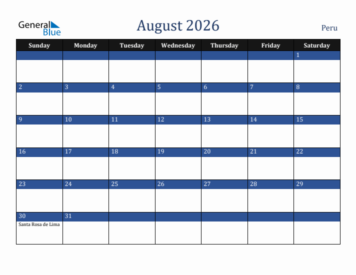 August 2026 Peru Calendar (Sunday Start)