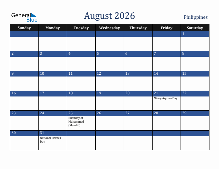 August 2026 Philippines Calendar (Sunday Start)