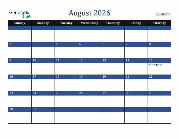 August 2026 Reunion Calendar (Sunday Start)