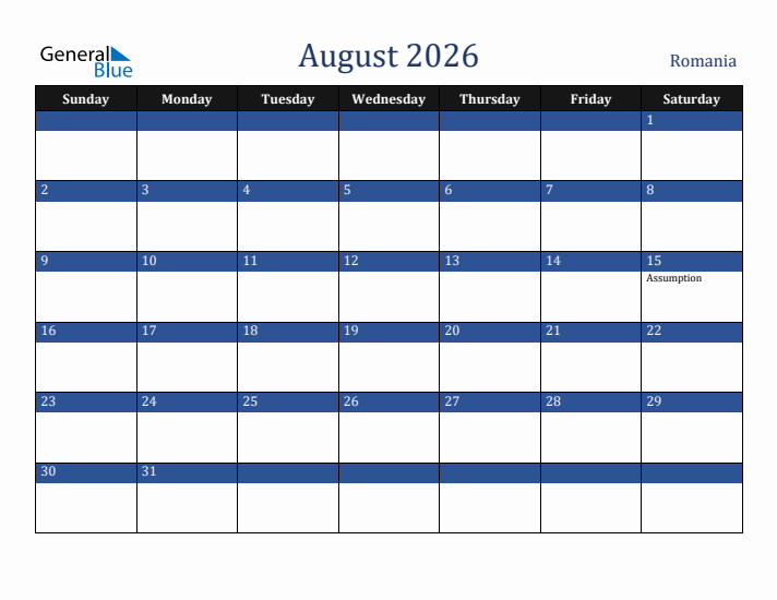 August 2026 Romania Calendar (Sunday Start)