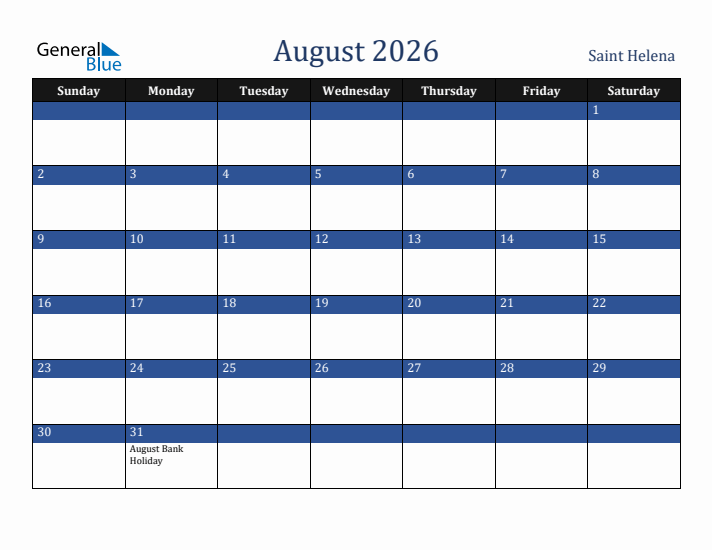 August 2026 Saint Helena Calendar (Sunday Start)