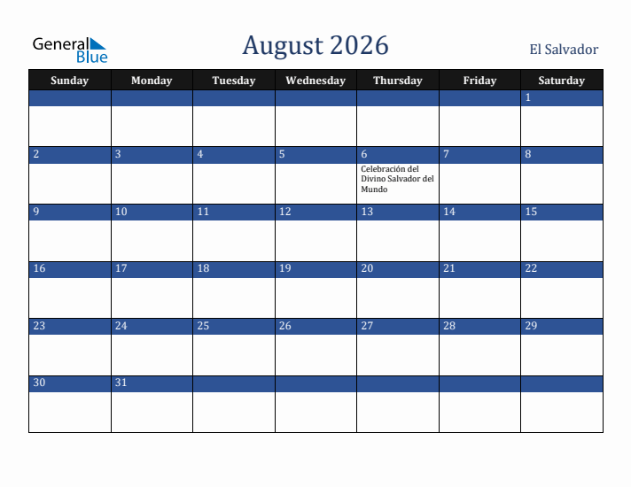 August 2026 El Salvador Calendar (Sunday Start)