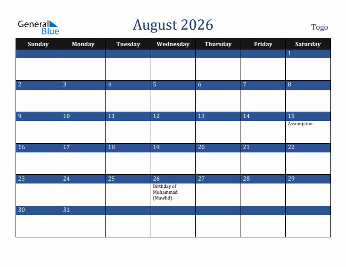 August 2026 Togo Calendar (Sunday Start)