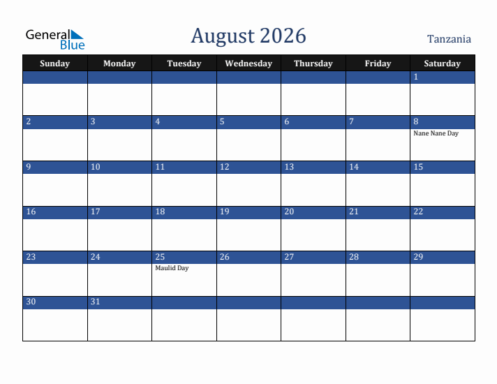 August 2026 Tanzania Calendar (Sunday Start)