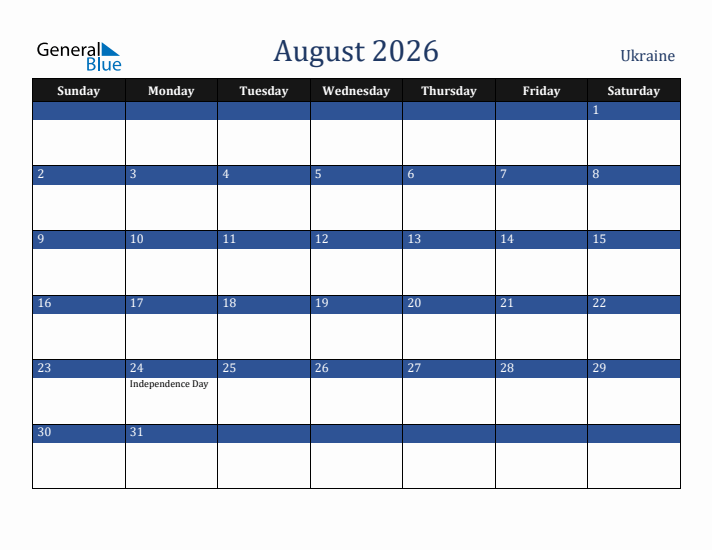 August 2026 Ukraine Calendar (Sunday Start)