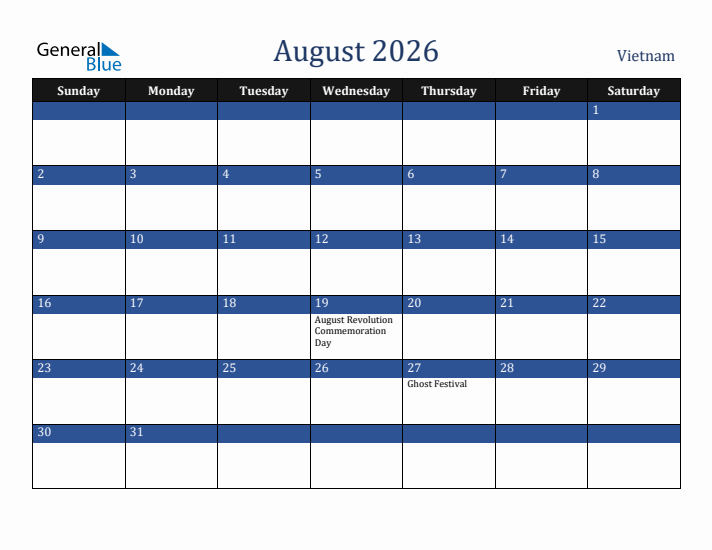 August 2026 Vietnam Calendar (Sunday Start)