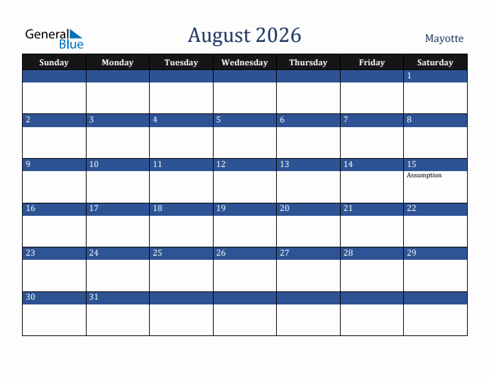 August 2026 Mayotte Calendar (Sunday Start)
