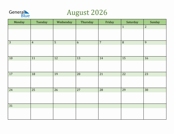 August 2026 Calendar with Monday Start