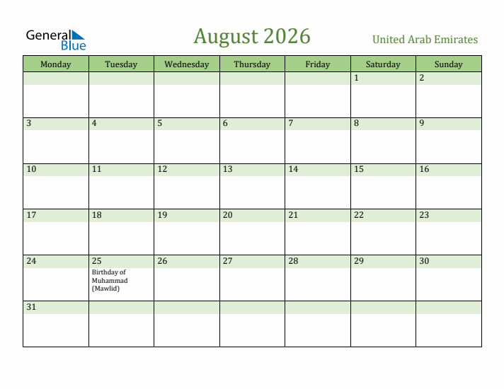 August 2026 Calendar with United Arab Emirates Holidays
