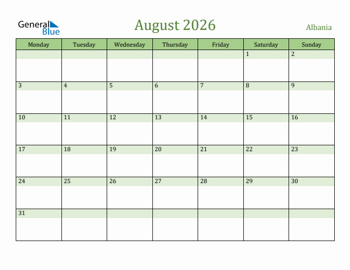 August 2026 Calendar with Albania Holidays