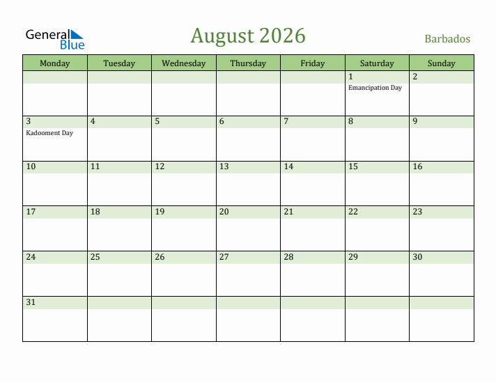 August 2026 Calendar with Barbados Holidays