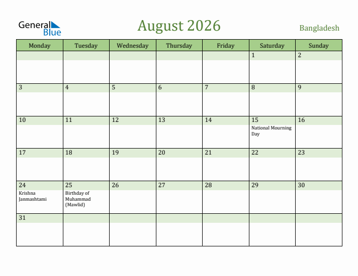 August 2026 Calendar with Bangladesh Holidays