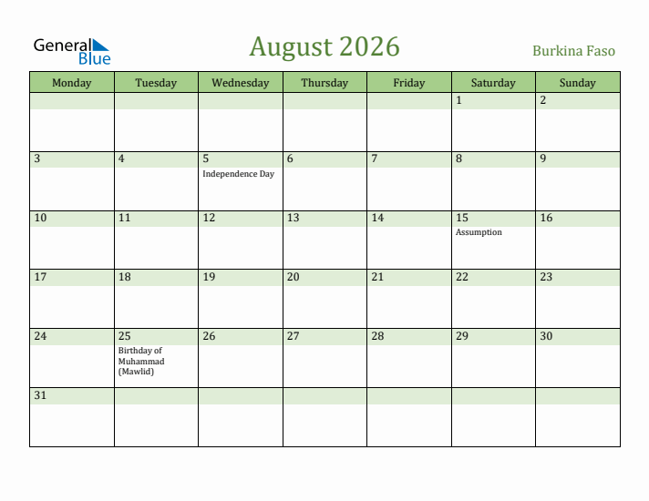 August 2026 Calendar with Burkina Faso Holidays