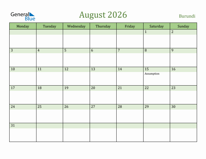 August 2026 Calendar with Burundi Holidays