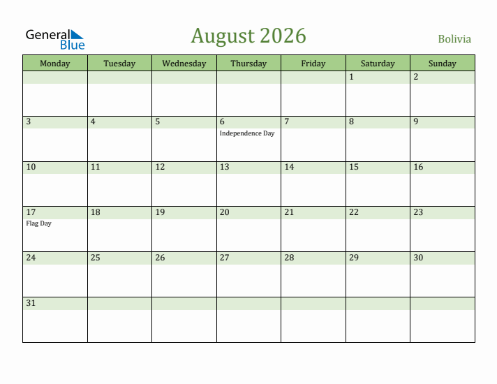 August 2026 Calendar with Bolivia Holidays