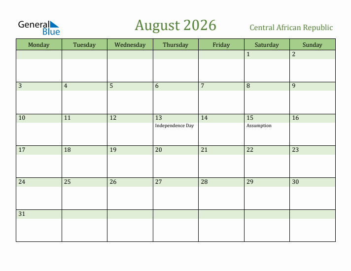 August 2026 Calendar with Central African Republic Holidays