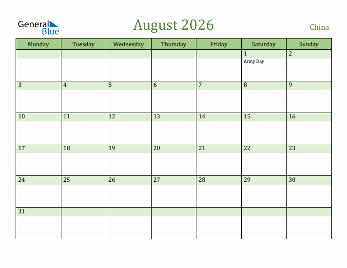 August 2026 Calendar with China Holidays