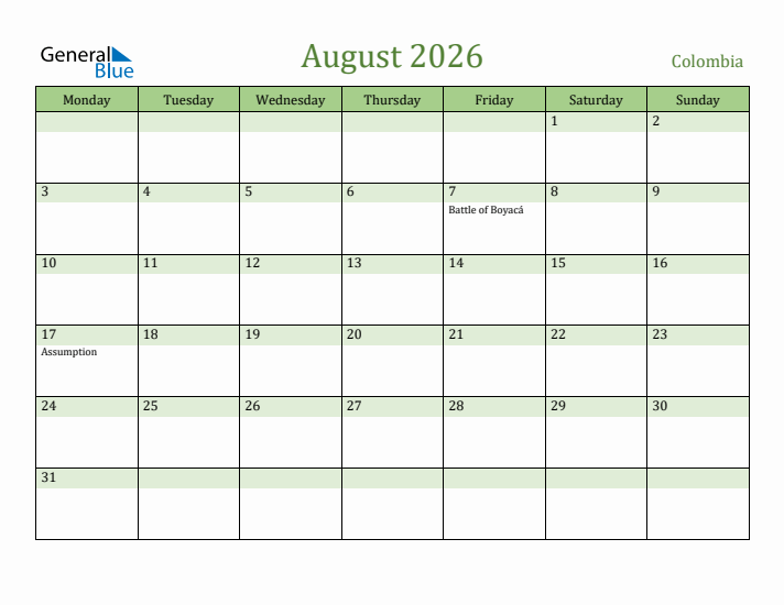 August 2026 Calendar with Colombia Holidays