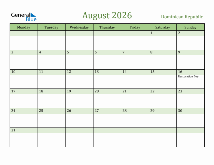 August 2026 Calendar with Dominican Republic Holidays