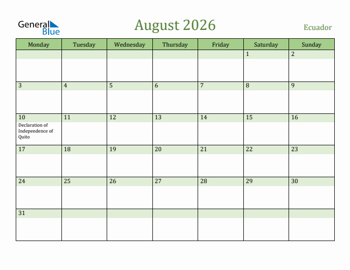 August 2026 Calendar with Ecuador Holidays