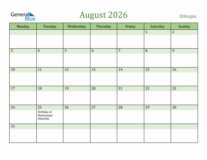 August 2026 Calendar with Ethiopia Holidays