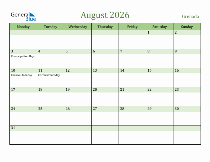 August 2026 Calendar with Grenada Holidays