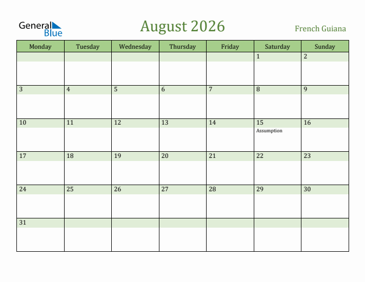August 2026 Calendar with French Guiana Holidays