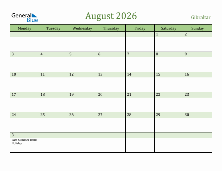 August 2026 Calendar with Gibraltar Holidays
