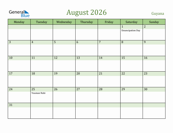 August 2026 Calendar with Guyana Holidays