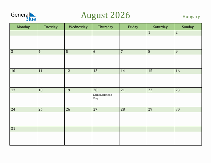 August 2026 Calendar with Hungary Holidays