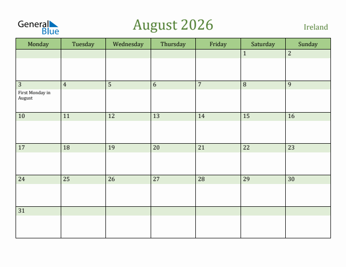 August 2026 Calendar with Ireland Holidays