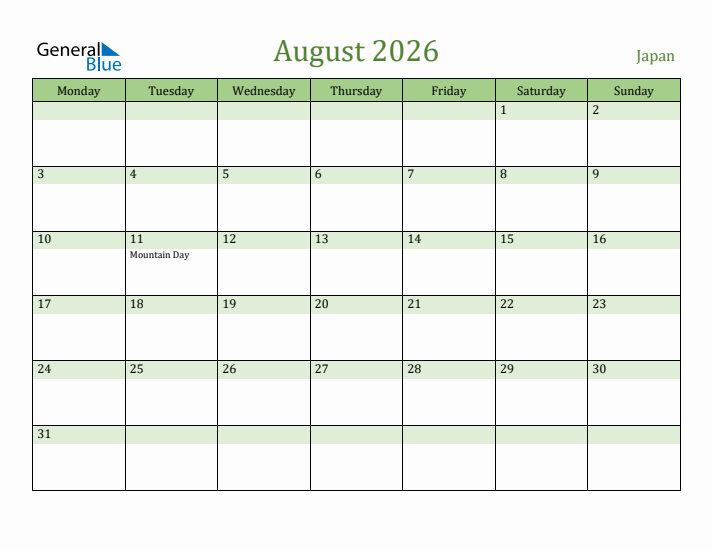 August 2026 Calendar with Japan Holidays