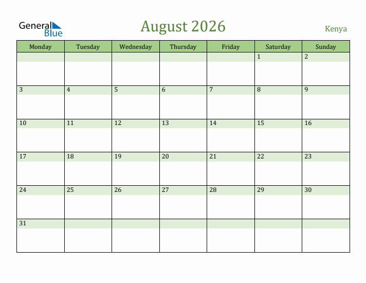 August 2026 Calendar with Kenya Holidays