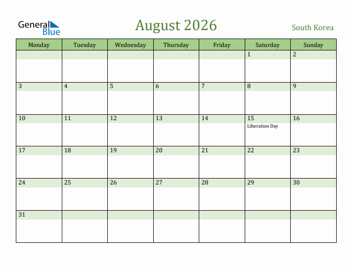 August 2026 Calendar with South Korea Holidays
