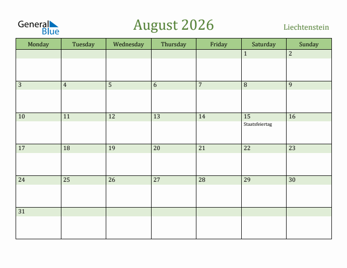 August 2026 Calendar with Liechtenstein Holidays