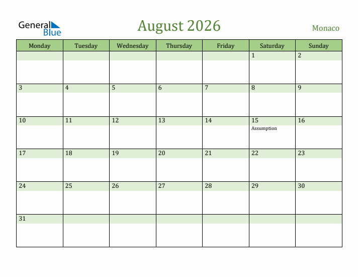 August 2026 Calendar with Monaco Holidays