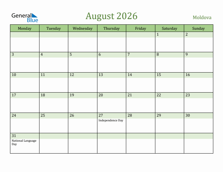 August 2026 Calendar with Moldova Holidays