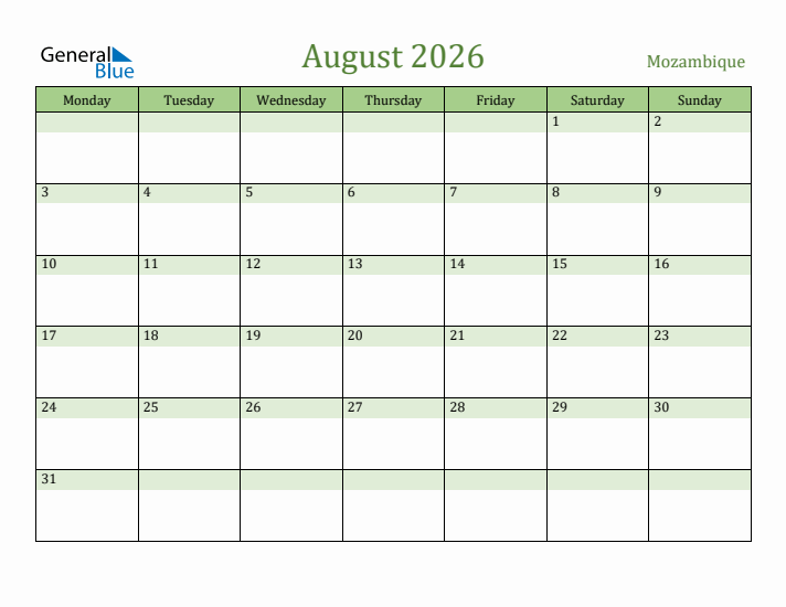 August 2026 Calendar with Mozambique Holidays