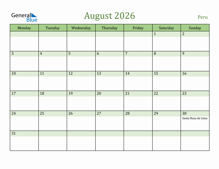 August 2026 Calendar with Peru Holidays