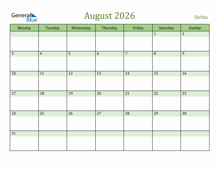 August 2026 Calendar with Serbia Holidays