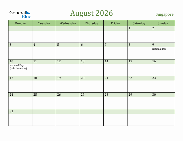 August 2026 Calendar with Singapore Holidays