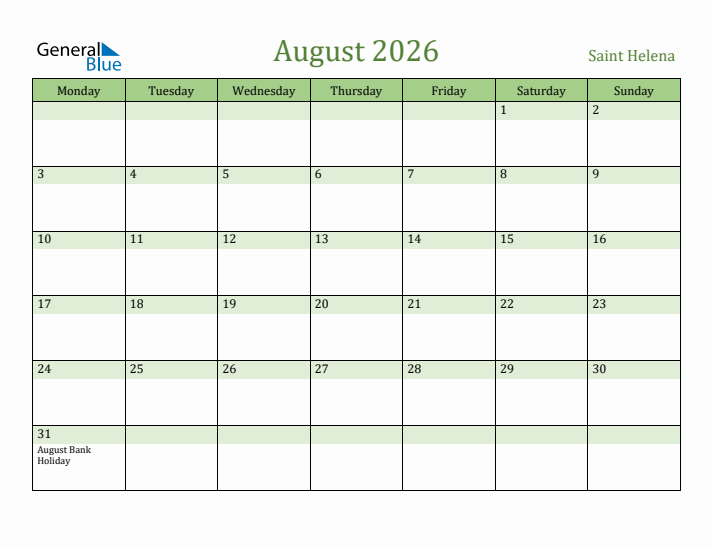 August 2026 Calendar with Saint Helena Holidays