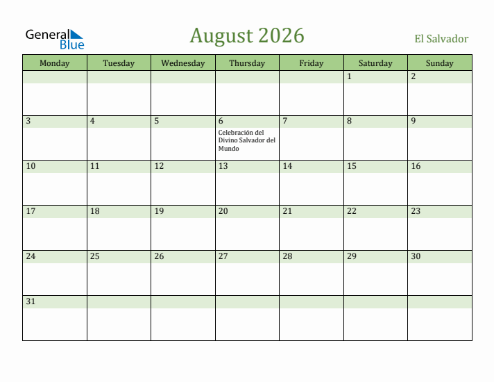 August 2026 Calendar with El Salvador Holidays