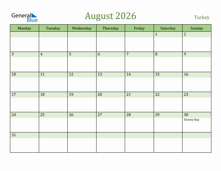 August 2026 Calendar with Turkey Holidays