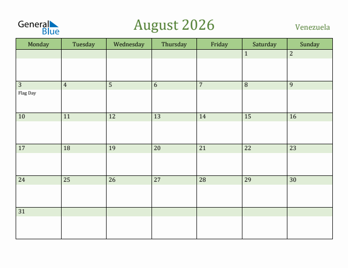 August 2026 Calendar with Venezuela Holidays