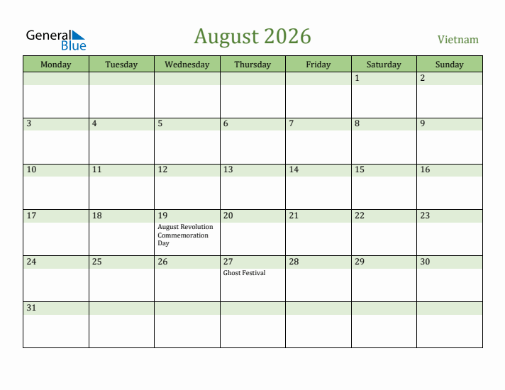 August 2026 Calendar with Vietnam Holidays