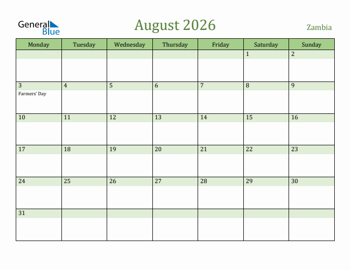 August 2026 Calendar with Zambia Holidays