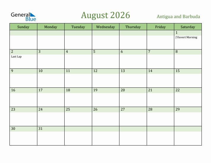 August 2026 Calendar with Antigua and Barbuda Holidays