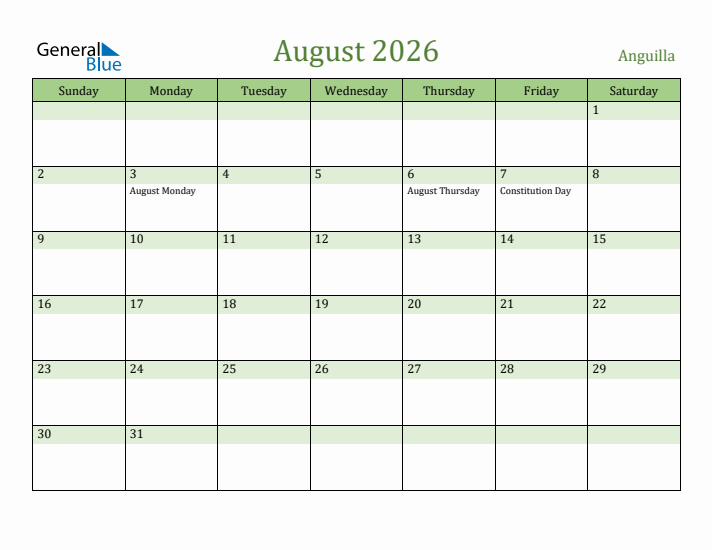 August 2026 Calendar with Anguilla Holidays